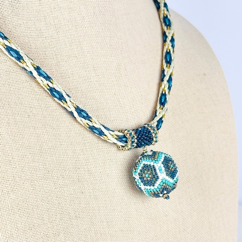 Artisan Boho Teal Blue Gold Crochet Seed Beaded Orb Braided Cord Necklace - Picture 2 of 7